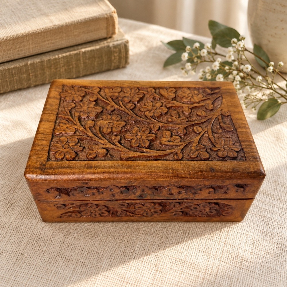 Vintage Hand Carved Indian Wood Jewelry Trinket Box Floral Keepsake 6 Inch